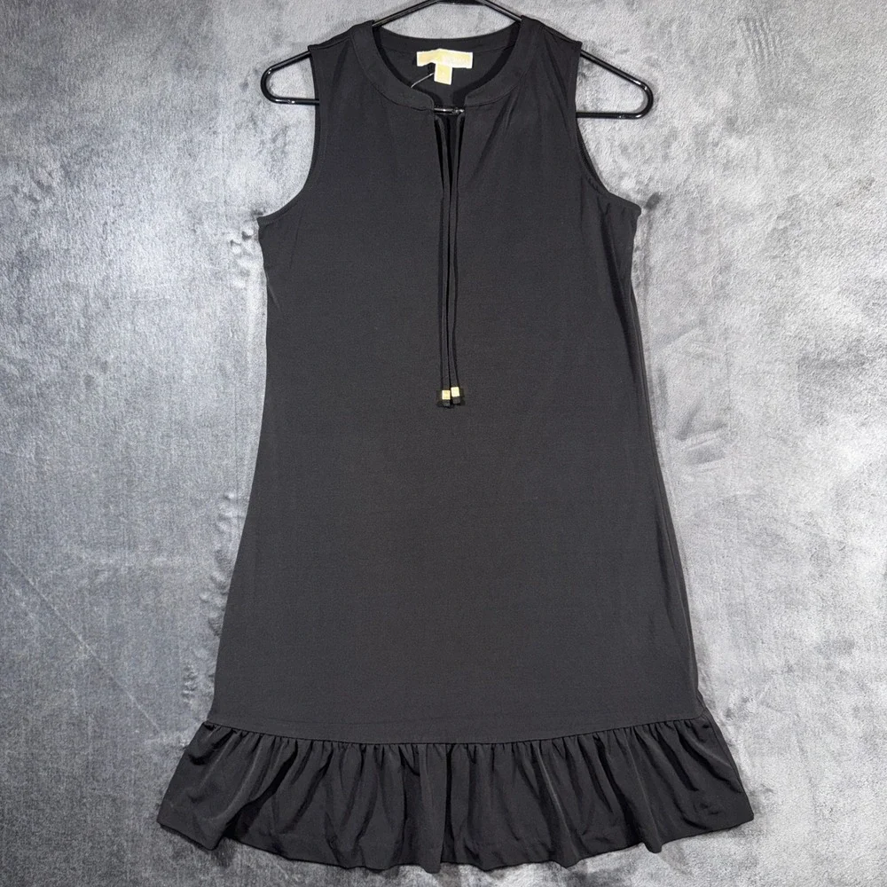Michael Kors Sleeveless Ruffle Hem Dress Black Keyhole Gold Logo QS380QB03G S